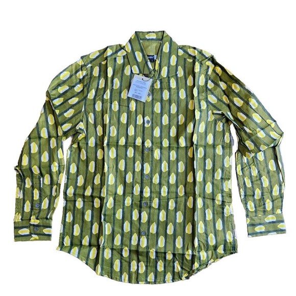 Woodin Mens Large African Pattern Long Sleeve Button Down Green Dress Shirt New - Picture 1 of 12